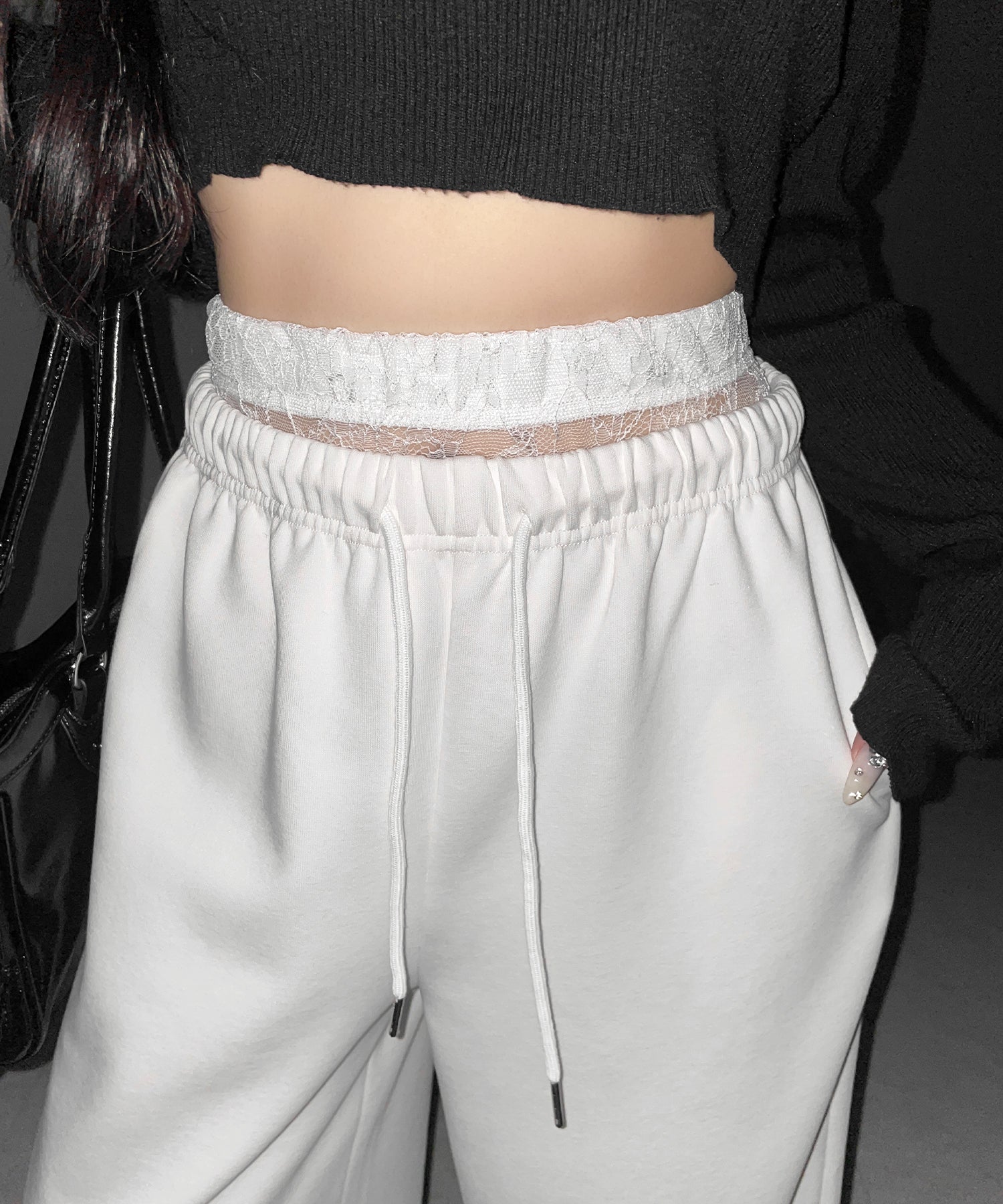 ウエストレースレイヤードスウェットパンツ ／ waist lace layered sweat pants