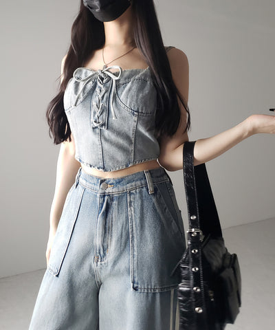【 ２color 】レースアップリボンコルセットデニムビスチェ ／ lace up ribbon corset denim bustier
