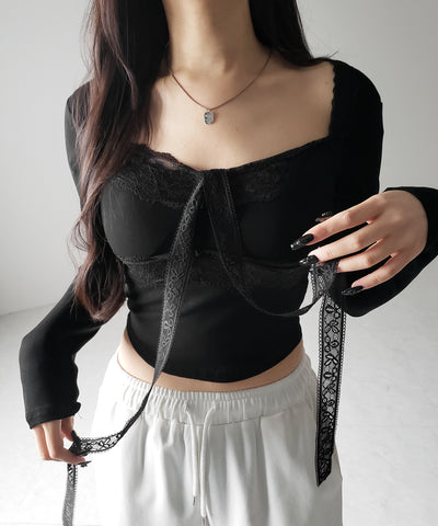 【 ２color ／ ２WAY 】クロスネックレースリボンスクエアカットソートップス ／ cross neck lace ribbon square cutsaw tops