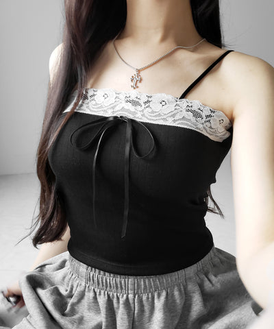 フロントリボンレースショートキャミソール ／ front ribbon lace short camisole