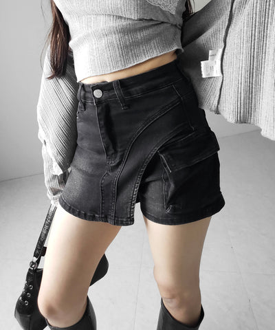 カーゴポケットレイヤードデニムミニスカパン ／ cargo pocket layered denim mini skirt pants