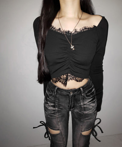 【 ２color 】レースドッキングシャーリングショートカットソートップス ／ lace docking shirring short cutsew tops