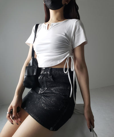 【 ２color 】サイドシャーリングリボン半袖ショートＴシャツ ／ side shirring ribbon short Tee