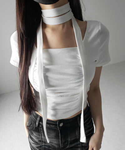 【 ２WAY 】チョーカーロングタイ付き スクエアネックギャザースリムＴシャツ ／ choker long tie SET square neck gather slim sleeve T-shirt