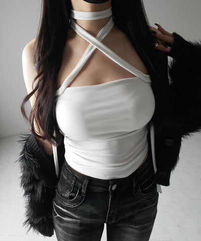 【 ３color ／ カップ付 】ロングチョーカークロスネックキャミソール ／ long choker cross neck camisole