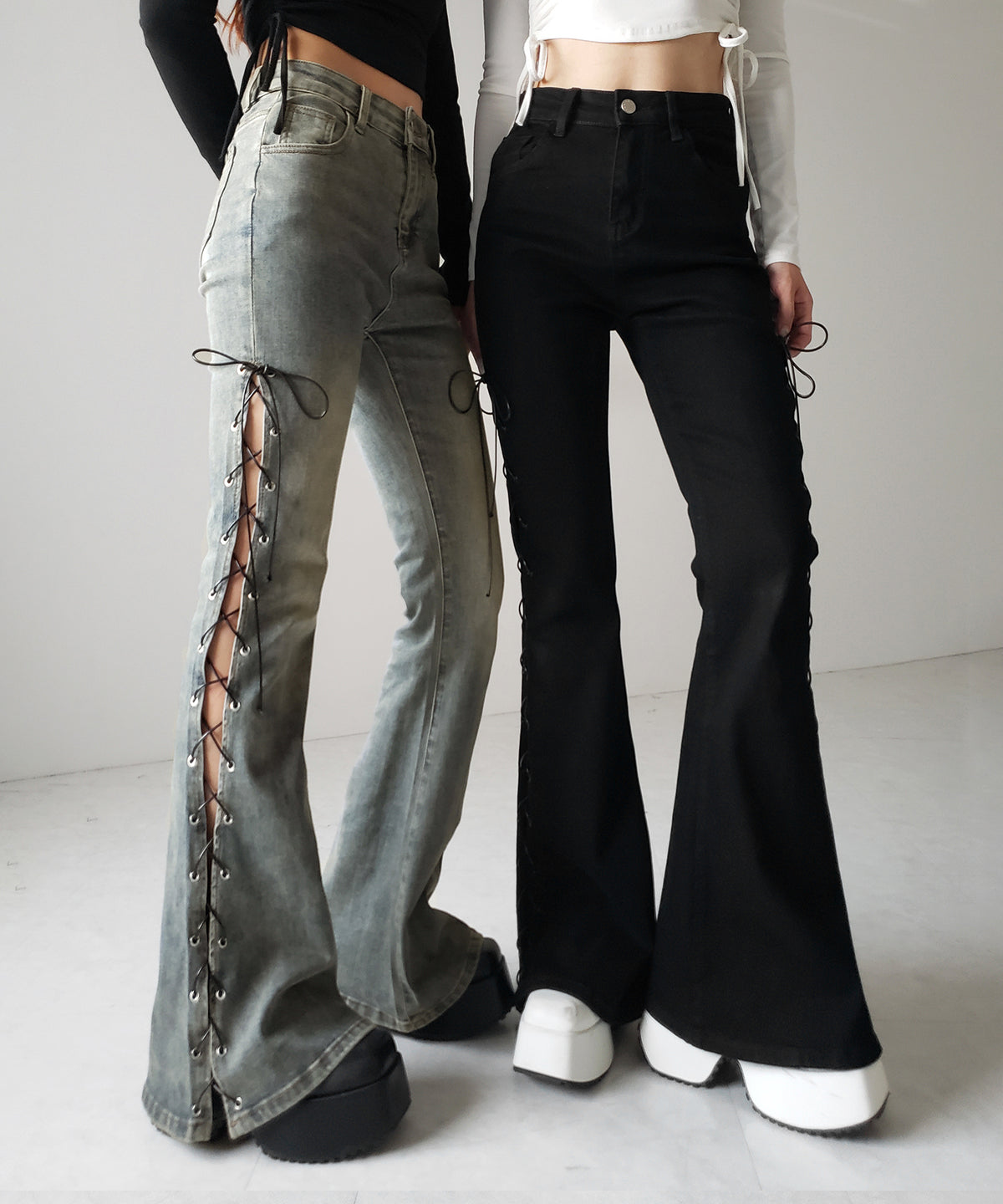 レースアップカットアウトストレッチフレアデニム ／ lace up cutout stretch flare denim