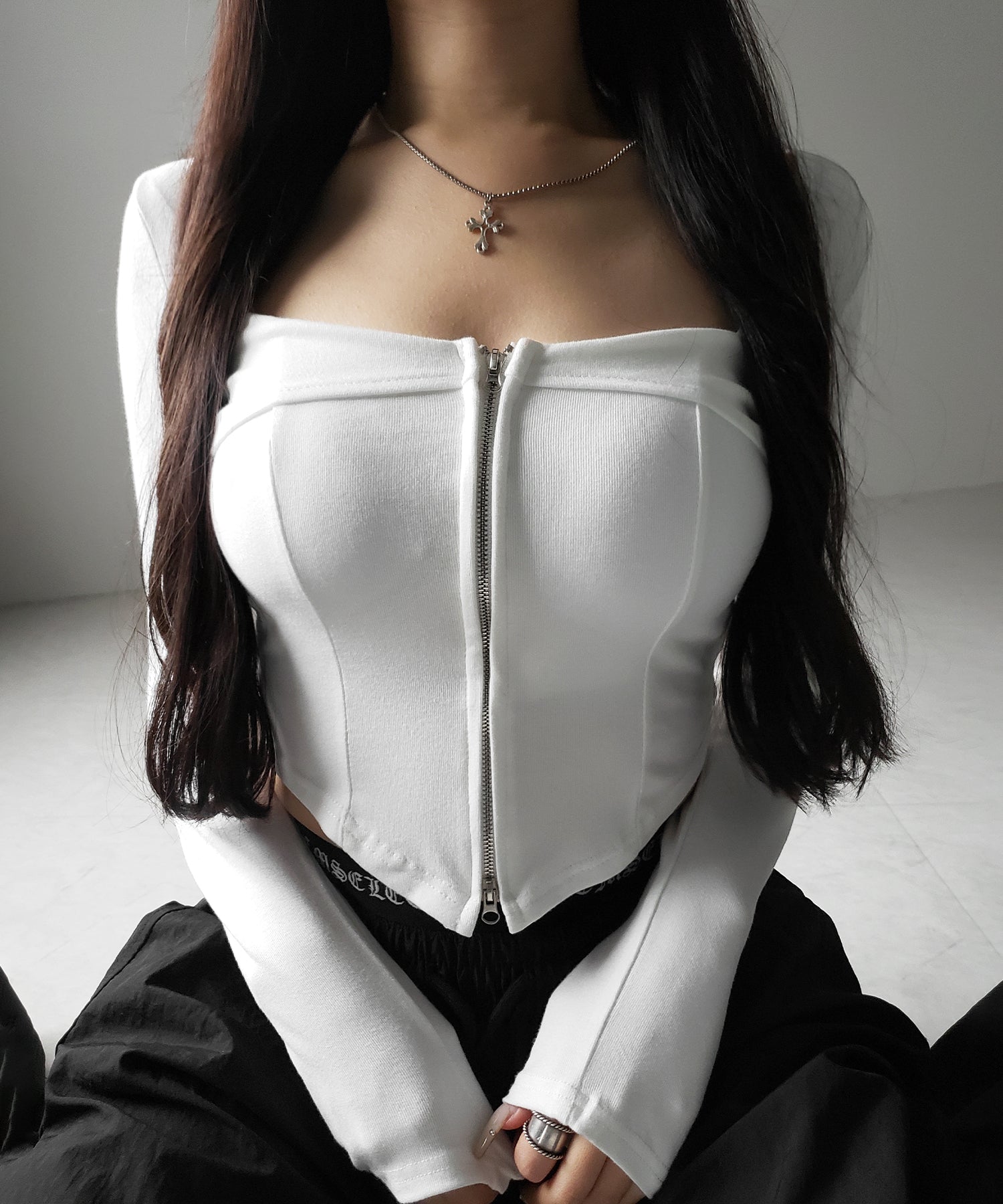 【 ２color 】ダブルジップコルセットスクエアネックロンＴ ／ double zip corset square neck longsleeve T-Shirt