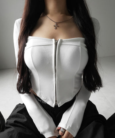 【 ２color 】ダブルジップコルセットスクエアネックロンＴ ／ double zip corset square neck longsleeve T-Shirt