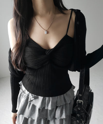 【 2点セット 】ツイストリブニットキャミソール ＋シアーリブショートカーディガン SET ／ twisted rib knit camisole + sheer rib short cardigan SET