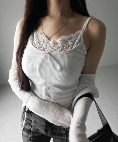 【 ３color ／ カップ付き 】フロントリボンレースドッキングキャミソール ／front ribbon lace docking camisole