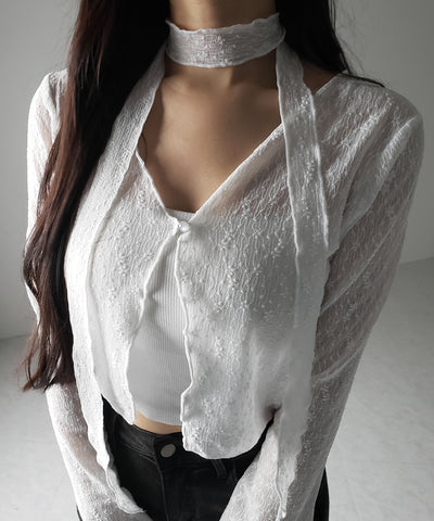 【 ２color ／ ２WAY 】チョーカーロングタイ付きショートシアーカーディガン ／ choker long tie set short sheer cardigan