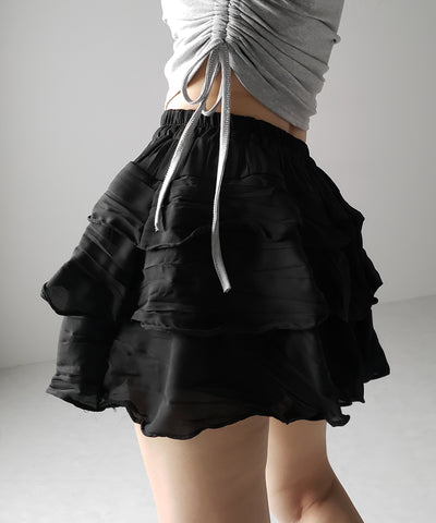 【 インパン裏地付 】３段クリンクルシアーフリルボリュームミニスカート ／ crinkle sheer frill volume mini skirt