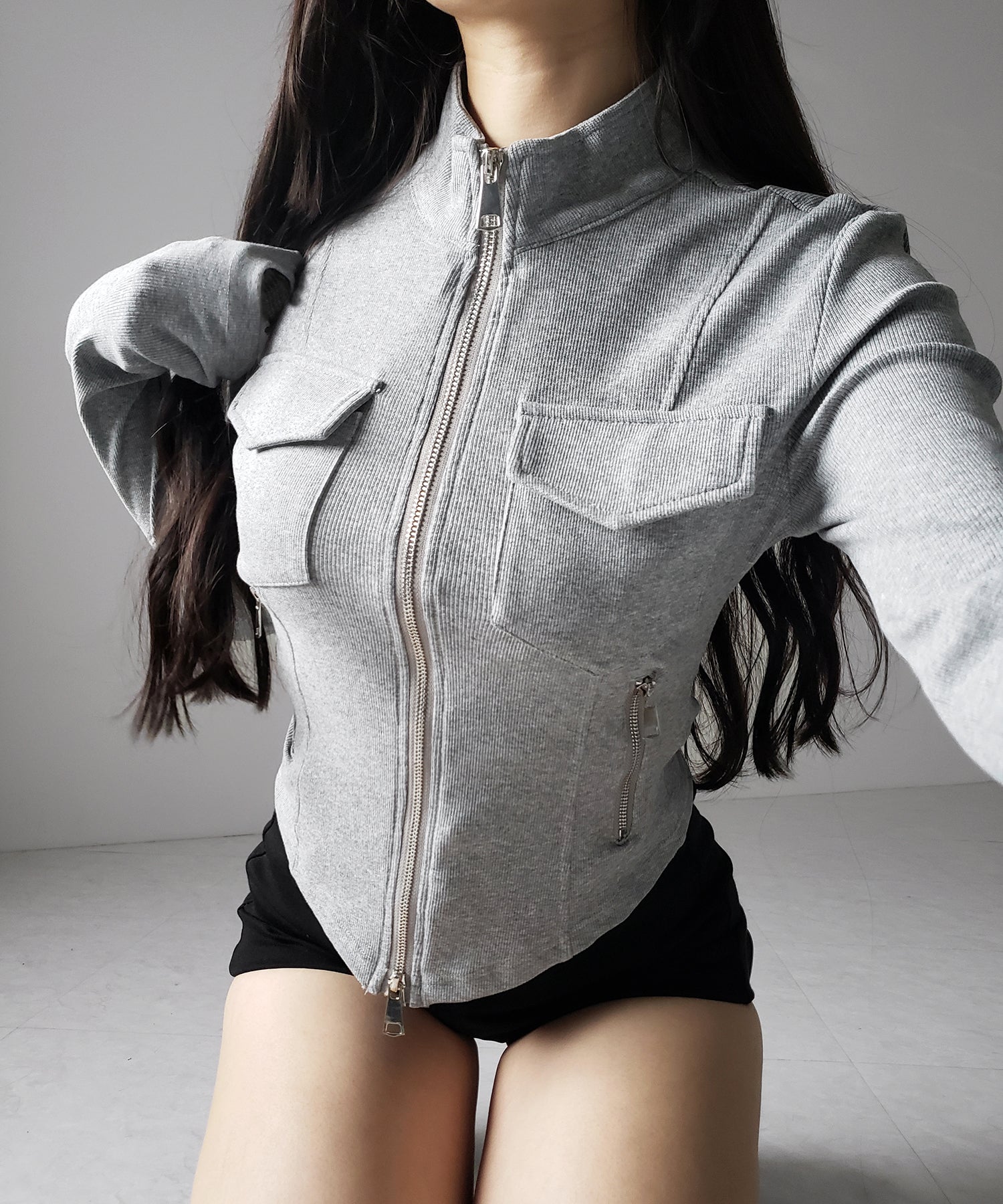 アウトポケットダブルジップスリムリブトップス ／ out pocket double zip slim ribbed tops