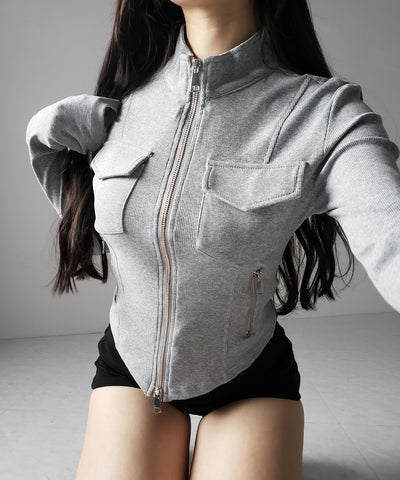 アウトポケットダブルジップスリムリブトップス ／ out pocket double zip slim ribbed tops