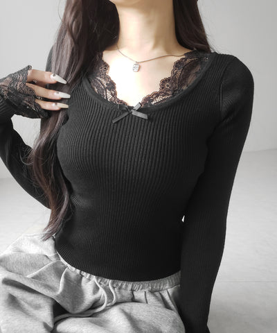 フロントリボンレース切替リブニットトップス ／ front ribbon lace switching ribbed knit tops