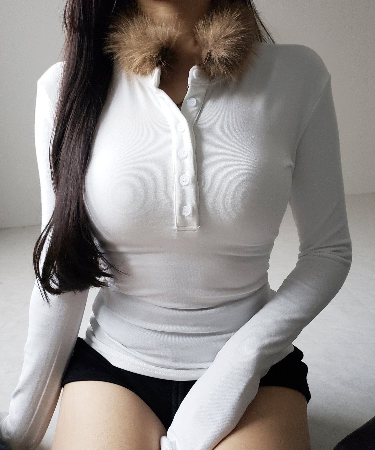 【 裏起毛 】ファーカラーヘンリーネックトップス ／ urakimo fur collar henley neck tops