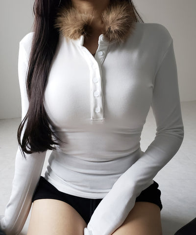 【 裏起毛 】ファーカラーヘンリーネックトップス ／ urakimo fur collar henley neck tops