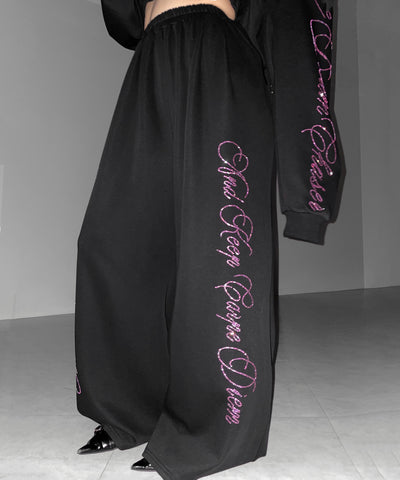 【 セットアップ可能 】ラインストーンロゴワイドスウェットパンツ ／ Rhine stone logo wide sweatpants