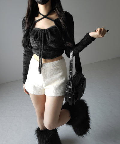 【 ２点セット 】シャギーリボンベアトップス ＆ ショートシャギーカーディガン SET ／ Shaggy ribbon bare tops & short shaggy cardigan