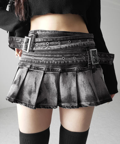 【 インパン裏地付 】ダブルベルトヴィンテージデニムプリーツミニスカート ／ double belt vintage denim pleats mini skirt