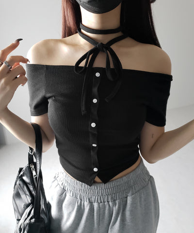 【 ２WAY 】ストラップリボンオフショルダーリブトップス ／ strap ribbon off shoulder rib tops
