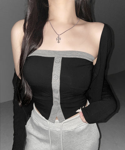 【 ２点セット 】バイカラーボタンベアトップス＆ショートカーディガン SET ／ bicolor button bare top & short cardigan SET