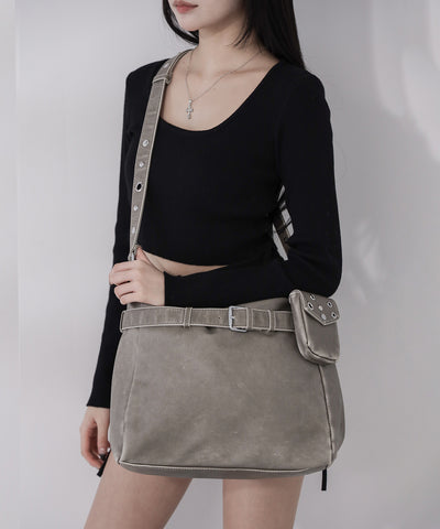 【 A4収納可 】ミニポーチ付きスタッズベルトヴィンテージフェイクレザーショルダーバッグ ／ mini poach SET studs belt vintage fake leather shoulder bag