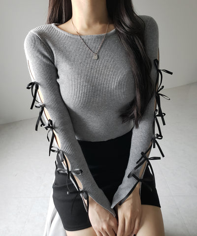 【 ２color 】カットアウトリボンショートリブニット ／ cut out ribbon short rib knit