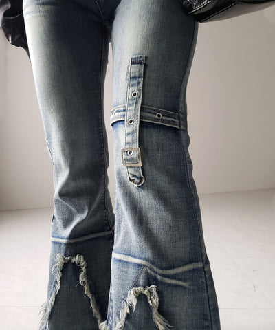 【 ２color ／ ４size 】クロスデザインヴィンテージライクフリンジストレッチフレアデニム ／ cross design vintage-like fringe stretch flare denim