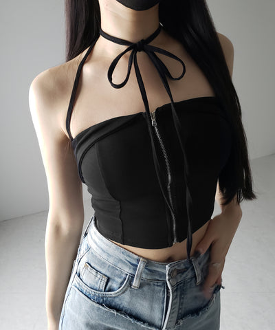 【 ２WAY／ カップ付 】ジップアップクロスストラップリボンベアトップス ／ zip up cross strap ribbon bare tops