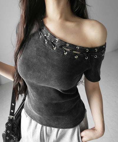 ヴィンテージカットアウトレースアップ半袖ワンショルリブトップス ／ vintage cutout laceup short sleeve one shoulder lib tops