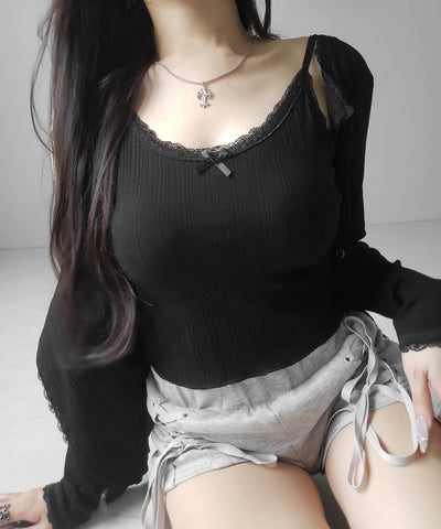 【 ２点セット 】フロントリボンレース切替リブキャミソール ＋ カーディガンセット ／front ribbon lace lib camisole + cardigan SET
