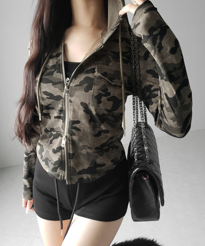 ヴィンテージカモフラダブルジップカットパーカー ／ vintage camouflage double zip cut hoodie