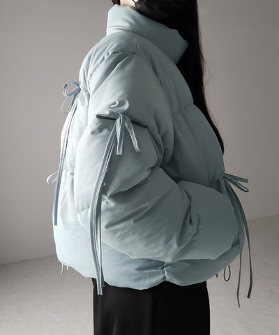【 選べる３色展開 ／ 裾絞り可能２WAY 】ストラップリボンショートパフダウンジャケット ／ strap ribbon short puff down jacket