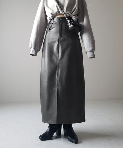 【 ３color ／ ３size 】フロントスリットヴィンテージフェイクレザースカート