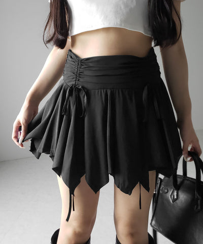 【 ２color ／ ２size 】シャーリングダブルリボンアシンメトリーフリルミニスカート ／ shirrin double ribbon asymmetry frill mini skirt