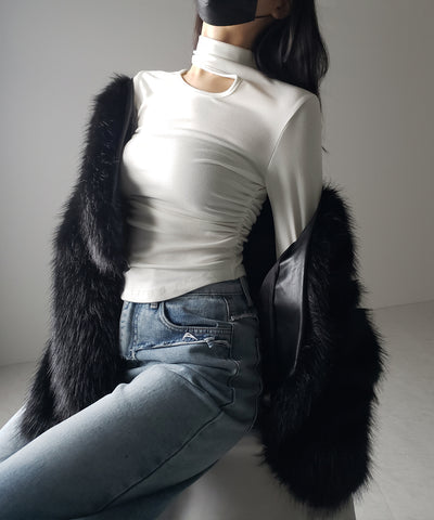 【 ２color 】カットアウトアシメチョーカーカットソートップス ／cutout asymmetry choker cutsew tops