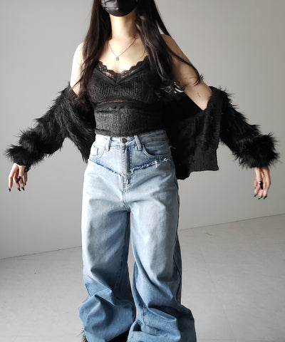 【 カップ付き 】ダブルレースシャギーファーショートビスチェキャミソール ／ double lace shaggy fur short bustier camisole
