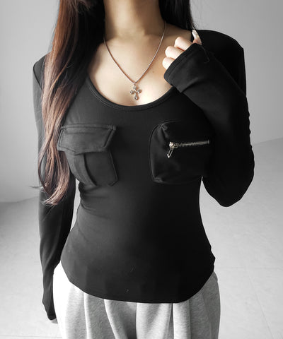 【 裏起毛 】アウトポケットオープンネックスリムトップス ／ out pocket open neck slim tops