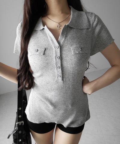 スキッパーボタンロングシアーニットトップス ／ skipper button long sheer knit tops