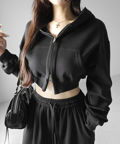 【 セットアップ 】ダブルジップショートパーカー ＋ タックワイドスウェットパンツ SET ／ double zip short hoodie + tuck wide sweat pants SET
