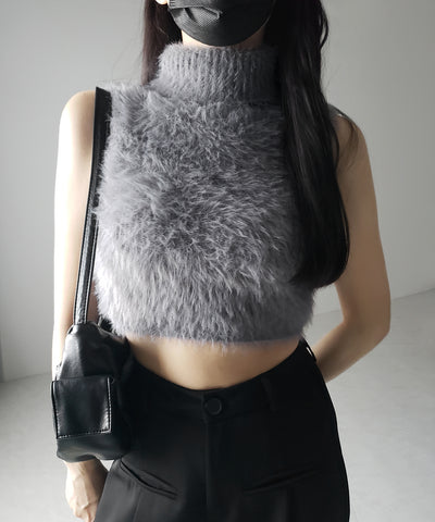 【 ３color 】タートルネックショートシャギーノースリニットトップス ／ turtleneck short shaggy nosleeve knit tops
