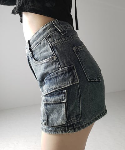 【 ３size ／ ２color 】ダブルポケットヴィンテージカーゴデニムミニスカパン ／ double pocket vintage cargo denim mini skirt pants