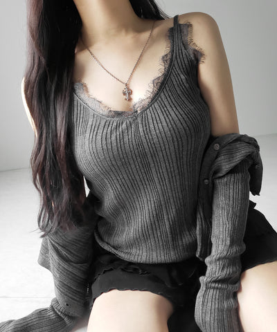 【 ２点セット 】レースニットキャミソール ＋ シアーニットカーディガン SET ／ lace knit camisole + sheer knit cardigan SET