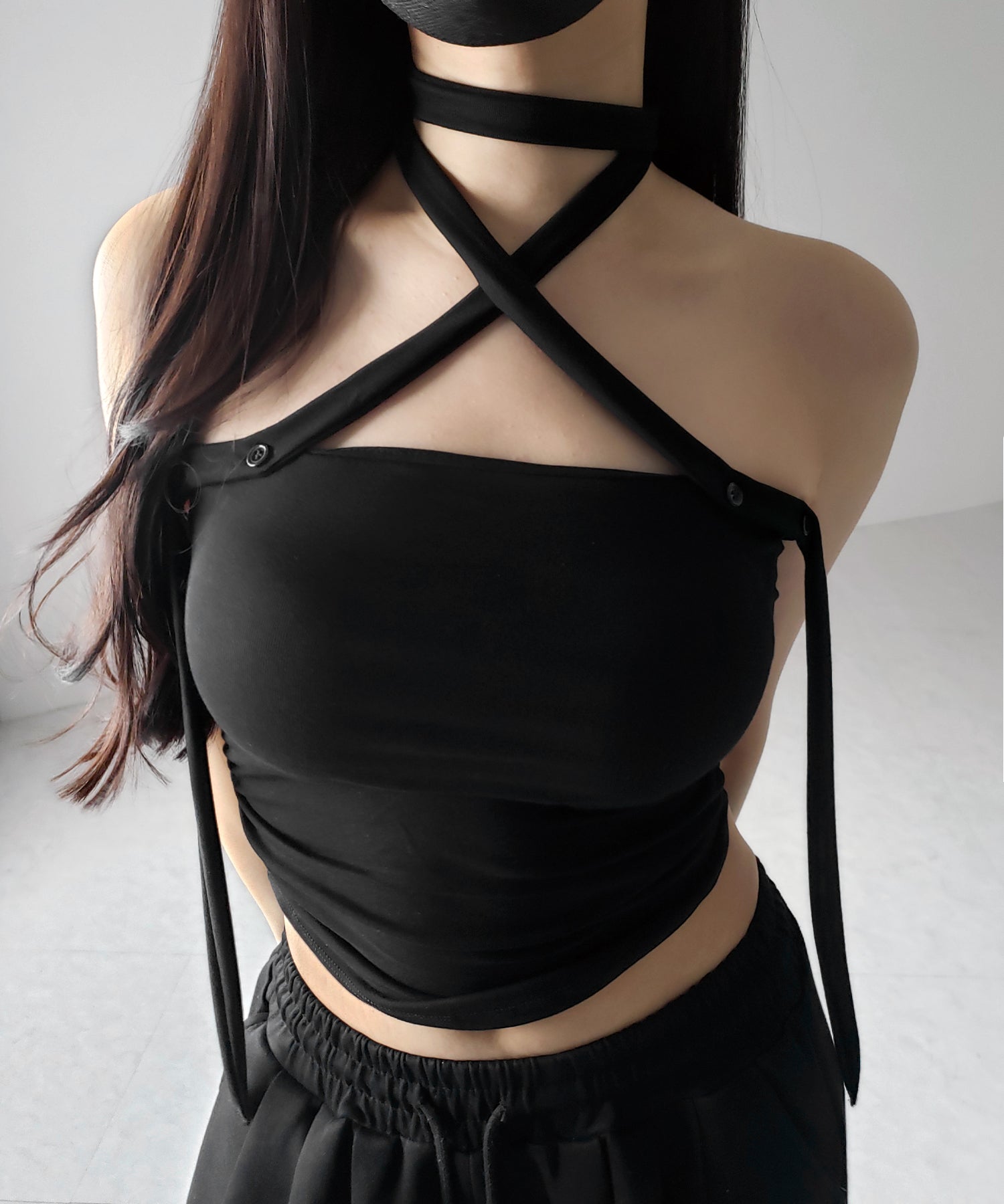 【 ３color ／ カップ付 】ロングチョーカークロスネックキャミソール ／ long choker cross neck camisole