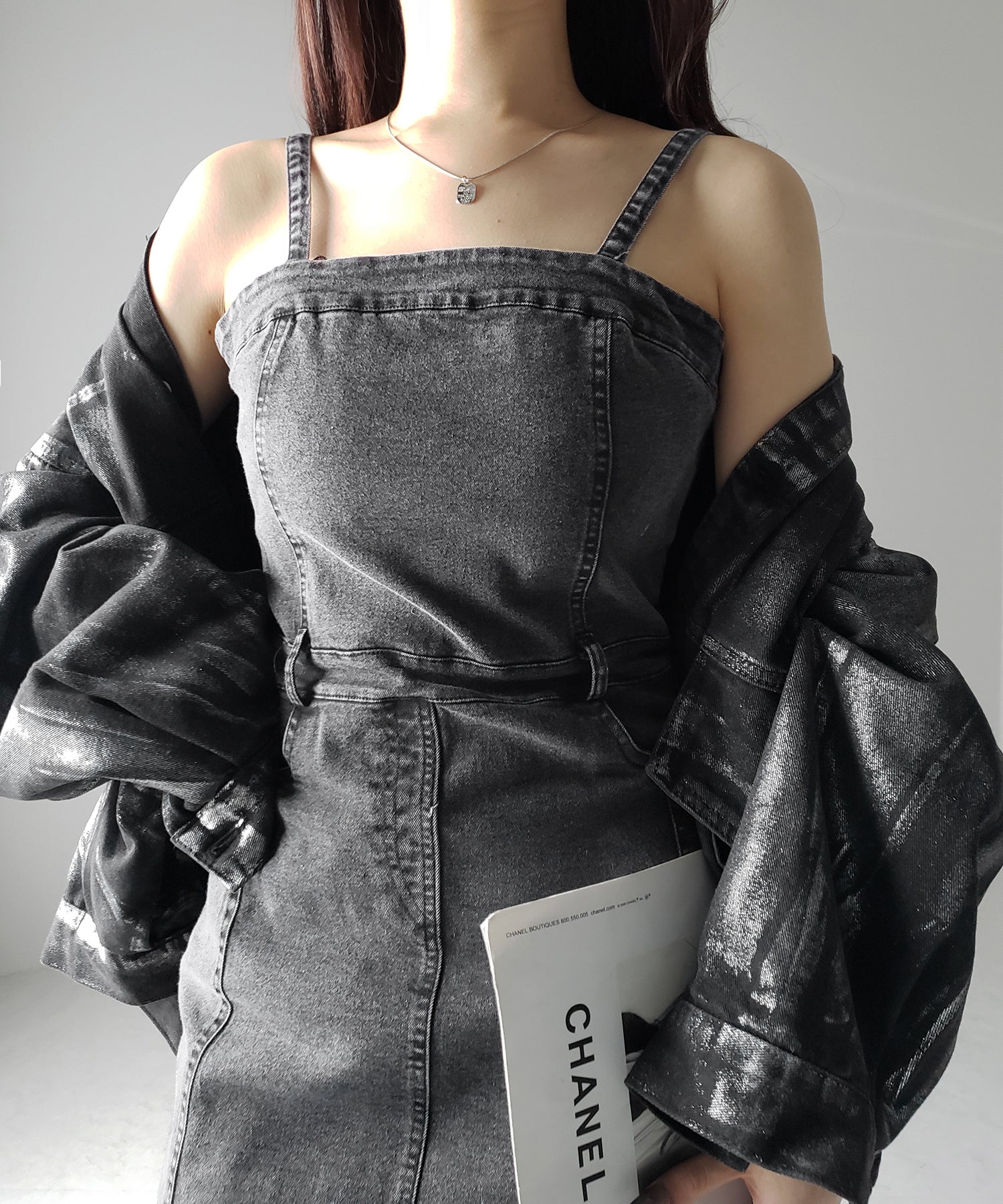 【 ２color 】ウォッシュデニムハイウエストミニキャミワンピース ／ wash denim high waist mini cami onepiece
