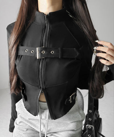 スタンドカラーベルテッドダブルジップスリムトップス ／ stand collar belted double zip slim tops