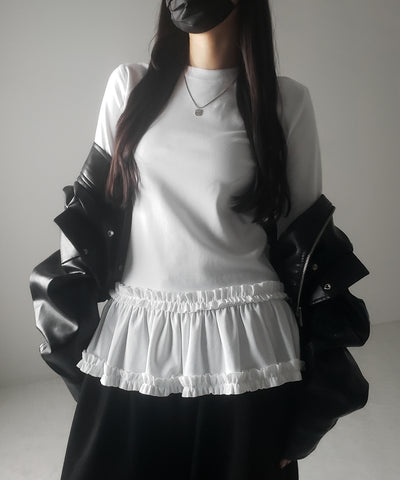 【 ３color 】裾フリルレイヤード長袖トップス ／ hem frill layered long sleeve tops