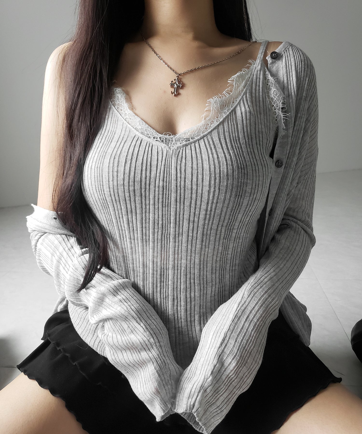 【 ２点セット 】レースニットキャミソール ＋ シアーニットカーディガン SET ／ lace knit camisole + sheer knit cardigan SET