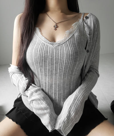 【 ２点セット 】レースニットキャミソール ＋ シアーニットカーディガン SET ／ lace knit camisole + sheer knit cardigan SET